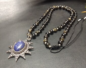 Single Piece Necklace in Golden Obsidian and Silvered Pendant || Black Stone Necklace And Lapis Lazuli Pendant || Gemtones Beaded Necklace