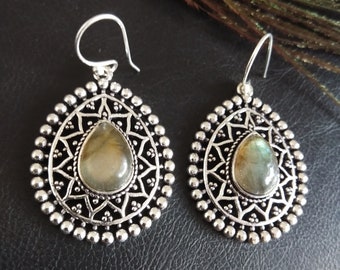 Silver  Color Dangle Earrings with Semi Precious Stones || Gemstones Ethnic Earrings || Bohemian Jewelry