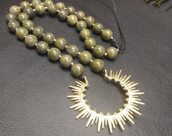 Unique Piece Necklace In Kambaba Jasper and Golden Ethnic Pendant || Half Moon Pendant Necklace || Green Gemtones Necklace