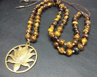 One Of A Kind Tiger Eye Beads Necklace With Golden Lotus Pendant  || Lotus Purity Symbol Spiritual Elevation Pendant Necklace