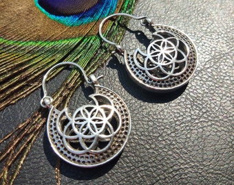 Seed of Life Hoop Earrings || Small Decorated Ethnic Hoops || Powerful Symbol Woman Earrings || Sacred Geometry Jewelry