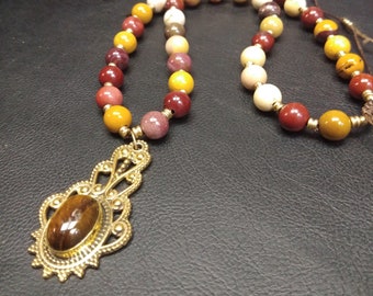 One Of A Kind Mookaite Necklace With Golden Ethnic Pendant || Tiger Eye Pendant || Semi Precious Stone Necklace || Women's Necklace