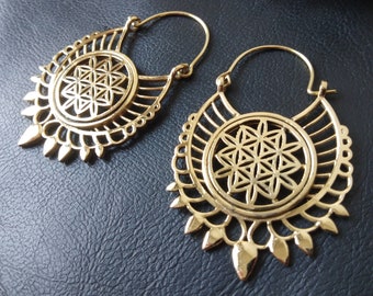 Flower of Life Hoop Earrings || Ethnic Hoop Earrings Decorated Sacred Geometry Symbol|| Powerful Symbol