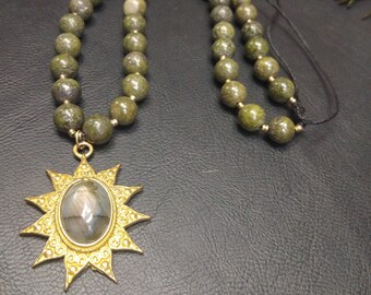 Unique Piece Necklace In Kambaba Jasper and Golden Ethnic Pendant || Labradorite Pendant Necklace || Gemstones Beaded Necklace