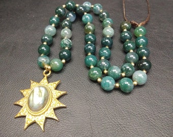 One Of A Kind Moss Agate Necklace With Golden Ethnic Pendant || Green Semi Precious Beads Necklace With Labradorite Pendant