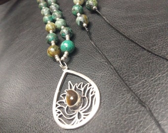 Unique Piece Necklace In African Turquoise and Silver Lotus Pendant