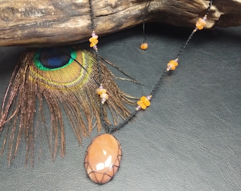 Collier Réglable en Macramé avec Pendentif en Aventurine Orange et perles de Cornaline, d'Améthyste || Collier Pièce Unique Ajustable