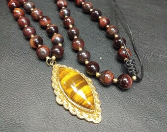 One Of A Kind Necklace In Bull's Eye With Golden Ethnic Pendant || Semi Precious Stone Beaded Necklace With Tiger Eye Pendant