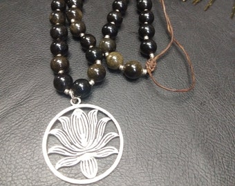Unique Necklace in Golden Obsidian and Silvered Lotus Pendant || Semi-Precious Stone Pendant Necklace Symbol of Purity