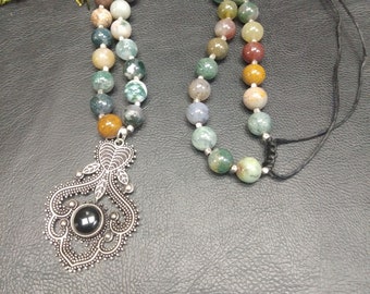Unique Indian Agate Necklace and Medieval Silver  Color Brass Pendant || Necklace with Black Obsidian Pendant || Gemstones Necklace
