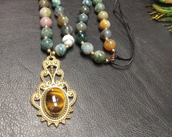 One Piece Necklace In Indian Agate and Golden Tiger Eye Pendant || Necklace Semi Precious Stones Shades of Green With Pendant