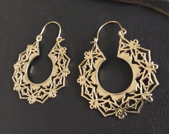 Decorated Hoop Earrings || Ethnic Brass Hoops || Woman Oriental Earrings