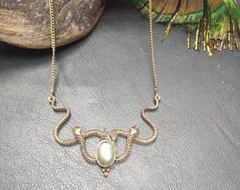 Viking Snake Necklace || Golden Necklace With Semi Precious Stone || Natural Stone Pendant Necklace || Double Snake Pendant Necklace
