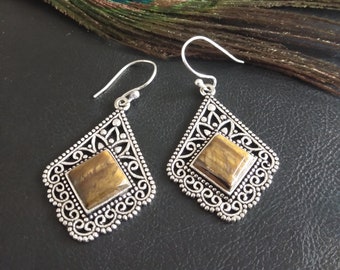 Silvered Dangle Bohemian Earrings with Semi Precious Stones || Gemstones Ethnic Earrings || Medieval Natural Stones Earrings