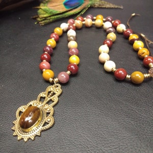 One Of A Kind Mookaite Necklace With Golden Ethnic Pendant || Tiger Eye Pendant || Semi Precious Stone Necklace || Women&#39;s Necklace