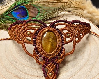 Double Shade Macramé Gemstone Tiara || Hand Woven Cotton Headband Adorned With Semi Preciouse Stone Cabochon || Elven Forehead Jewelry