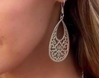 Silver Tone Brass Filigree Earrings | Boho Teardrop Dangle