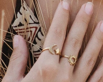 Crescent Moon and Star Adjustable Ring || Bohemian Ring Inspired By The Cosmos || Celestial Motifs Ethnic Ring