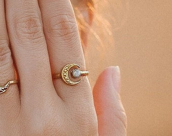 Crescent Moon Adjustable Ring With Semi Precious Stone || Bohemian Chic Adjustable Brass Ring || Ethnic Ring with with Celestial Design