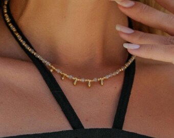 Bohemian Faceted Beads Necklace || Minimalist Necklace Natural Stones And Brass Charms || Golden Gemstones Beaded Necklace