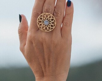 Large Adjustable Mandala Ring With Semi Precious Stone || Large Sacred Geometry Ring || Large Round Ethnic Ring With Gem Stone