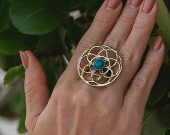 Large Flat Circle Adjustable Flower of Life Ring With Gemstone || Large Sacred Geometry Ethnic Ring || Large Round Spiritual Design Ring
