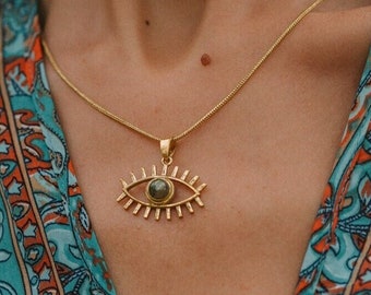 Golden Pendant with Semi Precious Stones || Protection Pendant || Eye Pendant || Protection Amulet || Talisman Pendant
