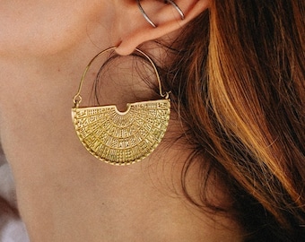 Large Flat Minimalist Ethnic Earrings || Hoop Earrings Engraved With Ethnic Symbols || Bohemian Half Moon Hoops Earrings