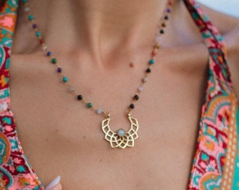 Bohemian  Golden Brass Pendant Necklace Rosace || Ethnic Natural Stone Necklace || Boho Golden Half Circle Pendant Beaded Necklace