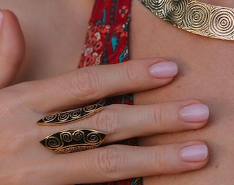 Long Brass Ethnic Ring Decorated with Tribal Geometrical  And Spiral Patterns || Bohemian Chic Contemporary Adjustable Open Free Size Ring