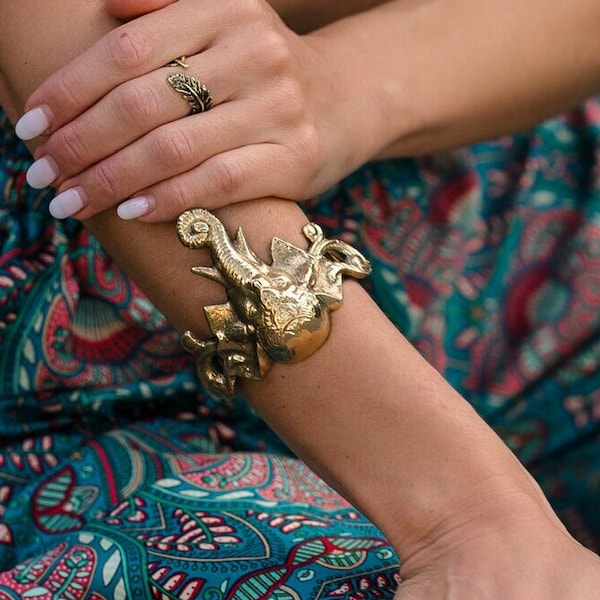 Ganesh Ethnic Bracelet in Golden Brass || Golden Elephant Cuff || Lucky Charm Adjustable Bracelet || Hindu God Cuff Bracelet