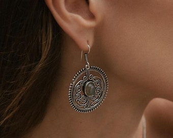 Ethnic Dangle Earrings With Gemstones || Round Brass Earrings With Natural Stones || Medieval Style Semi Preciouse Stones Earrings