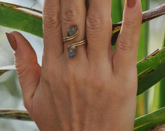 Adjustable Ring with 2 Gemstones || Boho Brass Ring with Natural stones || Minimaliste Ring With Semi Precious Stones