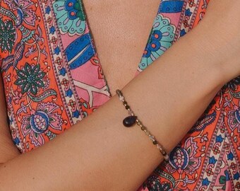 Faceted Tourmaline Gemstone Bead Bracelet Adorned with Amethyst Teardrop Charm || Thin Adjustable Bracelet In Natural Multicolored Stones