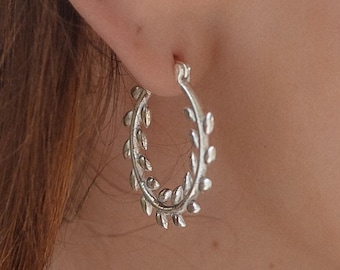 Leafs Decorated  Minimalist Hoop Earrings || Mother Nature Inspired Ethnic Hoops || Vegetal Pattern Boho Brass Earrings