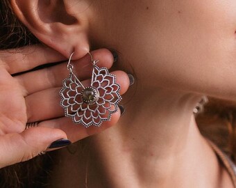 Handmade Brass Mandala Hoop Earrings | Labradorite Bohemian Jewelry