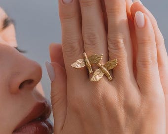 Atypical  2 Swallow Bird Ring || Minimalist Adjustable Golden Brass Ring || Original Shape Ring Inspired By Nature