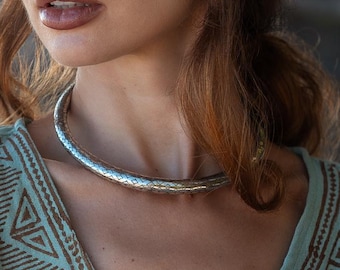 Silvered Brass Ethnic Chocker With Geometric Etched Patterns Inspired By Viking Torque || Hollow Tubular Rigid Tribal Necklace