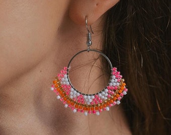 Woven Seed Beads Round Dangle Earrings || Ethnic Miyuki Beaded Earrings ||  Handmade Earrings With Geometrical Patterns