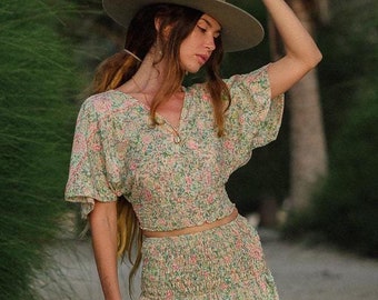 Boho Crop Top Short Flared Sleeves || Liberty Print  Multicolor Short Top || Elasticated Waist Top With Butterfly Sleeves