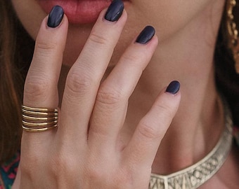 Minimalist Adjustable Brass 5 Bands Ring || Modern Multi-Row Wide Ring || Geometric Parallel Lines Ring