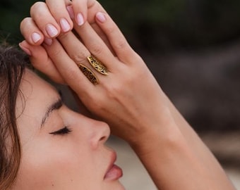 Brass Ethnic Ring Decorated with Geometric Patterns || Large Boho Open Ring Engraved With Tribal Motifs