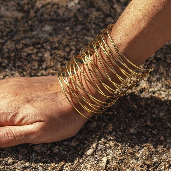 Large Brass Minimalist Bracelet ||  Handcrafted Open Worked Cuff || Wire Adjustable Bracelet ||  Wide Woman Bracelet