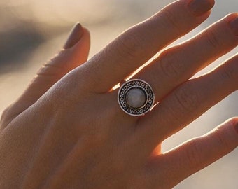 Silver Color Adjustable Ring with Round Stone || Round Medieval Ring with Natural Stone || Women's Semi Precious Stone Ring