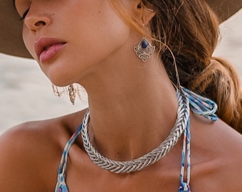 Celtic Woven Silver Tone Torque Necklace | Viking Inspired Collar Necklace | Braided Tribal Choker | Nomadic Statement Jewelry |