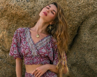 Bohemian Chic Cropped Top || Flared Sleeves Crop Top || Floral Print Top || Butterfly Sleeves Elasticated Top