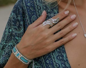 Handwoven Seed Bead Geometric Pattern Bracelet |   | Adjustable Sliding Closure Band | Boho Beaded Jewelry