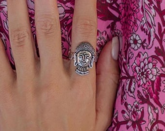 Handcrafted Buddha Head Ajustable Ring – Spiritual Meditation Statement Ring, Boho Zen Jewelry