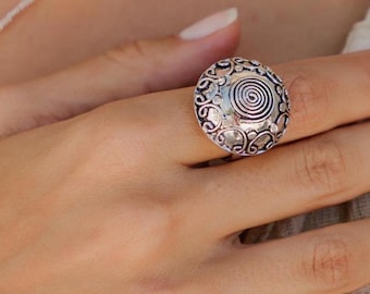 Spiral Ethnic Statement Domed Ring – Handcrafted Boho Silver Tone Brass Ring, Adjustable Artisan Tribal Jewelry