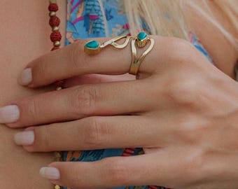 Atypical Boho Adjustable Gemstone Ring • Brass Double Teardrop Ring • Handmade Gypsy Jewelry • Bohemian Crystal Ring